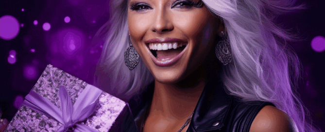 Smiling woman with platinum hair in a leather vest holding a purple gift box, symbolising corporate gifting and tax-smart generosity, aligned with Hawkhurst Accounting’s Rock Solid Finance with a Rebel Spirit ethos.
